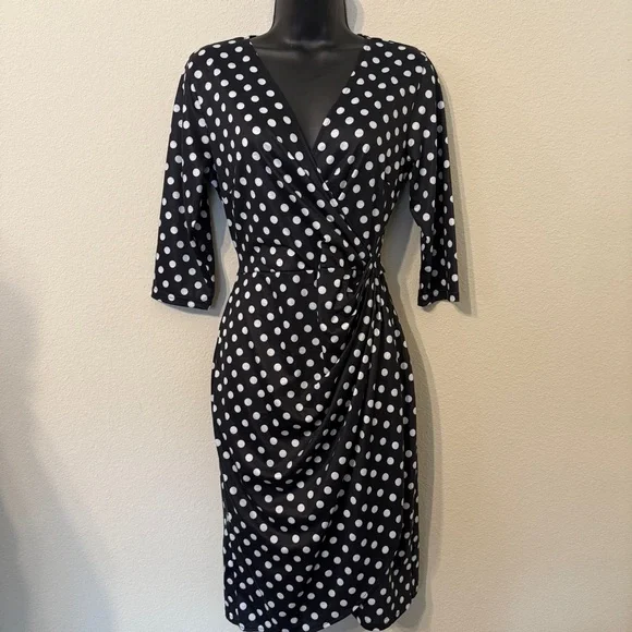 Berydress Women's Classic 3/4 Sleeve V Neck Sheath Black Polka Dot Dress - Picture 4 of 6